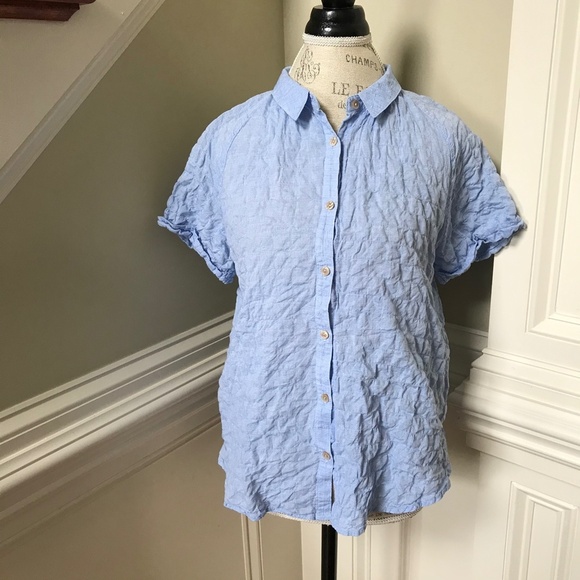 California Tailor Button Down Shirt Womens Small Blue Short Sleeve Cotton Ruched - Picture 2 of 10